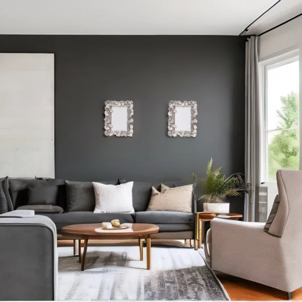 Laura Silver Photo Frame hung in living room with gray walls and grey furniture.