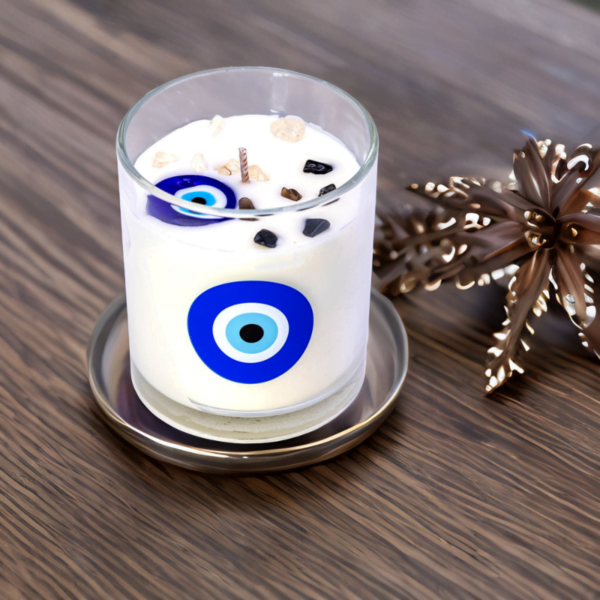 Evil Eye Luxury Lavender Amber Candle sits on a table.