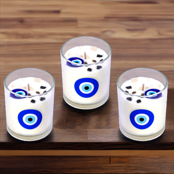 Three glass candles with evil eye designs, soy wax, handmade