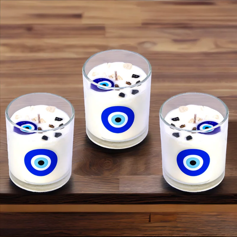 Three glass candles with evil eye designs, soy wax, handmade