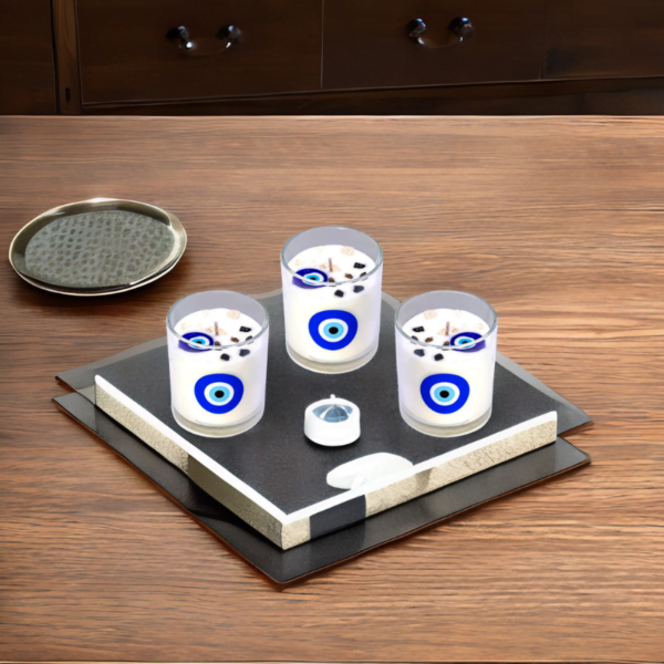 Three glass candles with evil eye designs, soy based, luxury