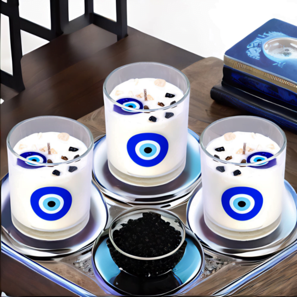 Three glass candles with evil eye designs, soy based, luxury