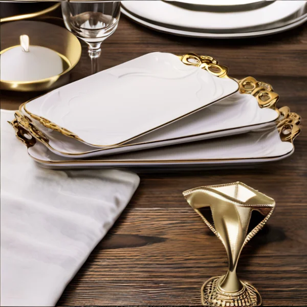 Flat Ceramic Serving Plates with gold rims on a wooden table.