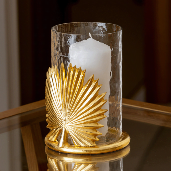 Palm Candle Holder in Gold with Glass.
