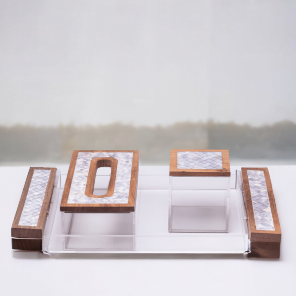 Premium acrylic and mother of pearl set, includes Tray, tissue box and a cube storage box.