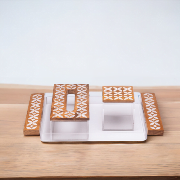 Premium Acrylic and Wood tray adorned with quality mother of pearl inlay, set consists of tray, tissue box and storage box styled with artistic jasmine pattern.