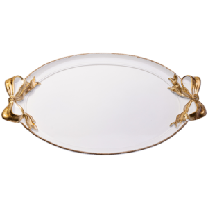 round white tray with gold ribbon handles