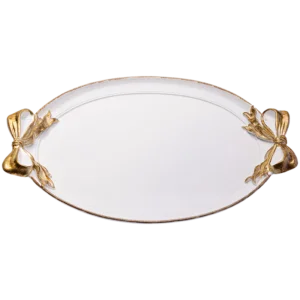 round white tray with gold ribbon handles