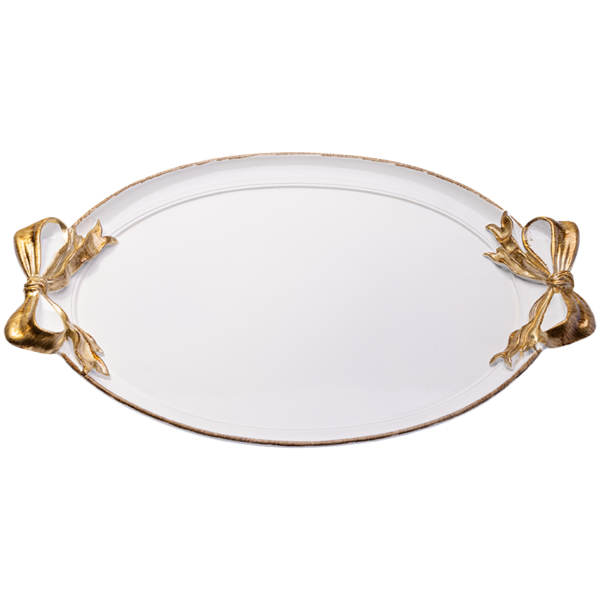 round white tray with gold ribbon handles