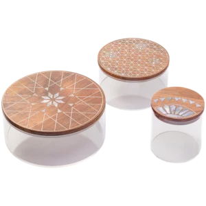 3 acrylic storage jars with mother of pearl wood cover