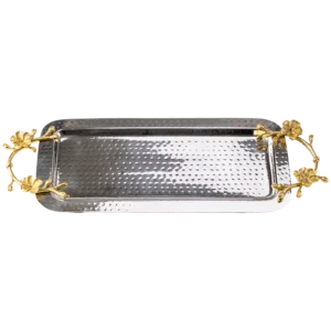 Hammered silver rectangle tray with gold flower handles