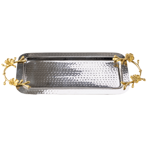 Hammered silver rectangle tray with gold flower handles