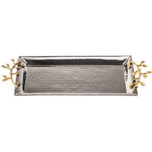 Hammered stainless steel rectangle silver tray with gold leaf handles
