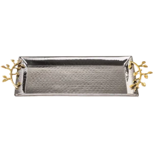 Hammered stainless steel rectangle silver tray with gold leaf handles