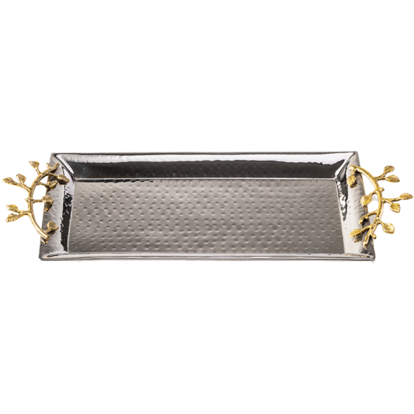 Hammered stainless steel rectangle silver tray with gold leaf handles
