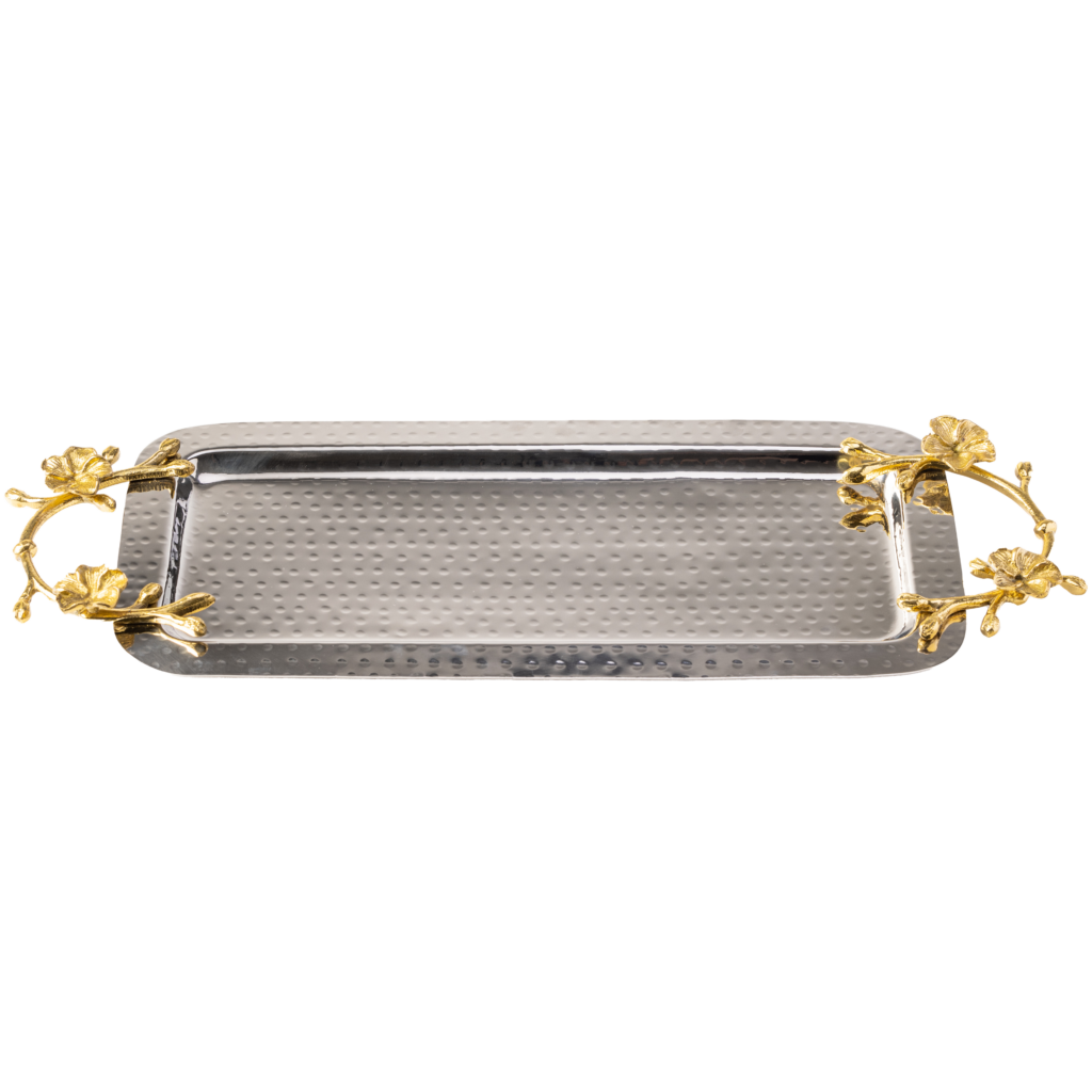 Hammered silver octagon tray with gold flower handle