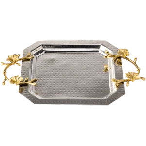 Hammered silver long octagon tray with gold flower handles