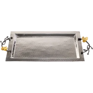 Hammered silver rectangle tray with black handle and gold flower