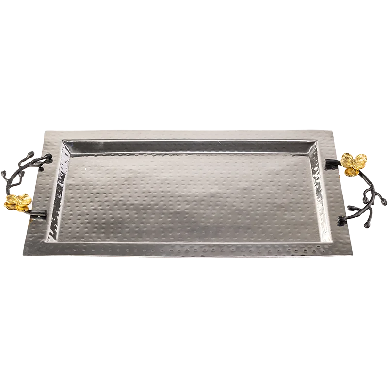 Hammered silver rectangle tray with black handle and gold flower
