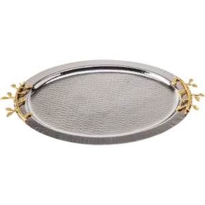 Hammered stainless steel oval silver tray with gold leaf handles
