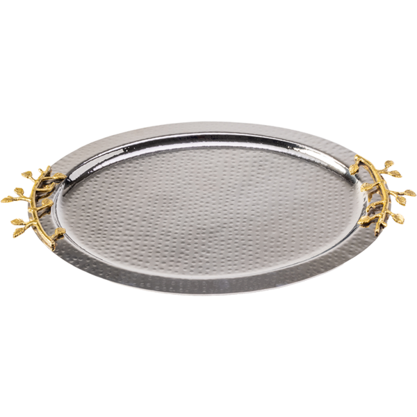 Hammered stainless steel oval silver tray with gold leaf handles
