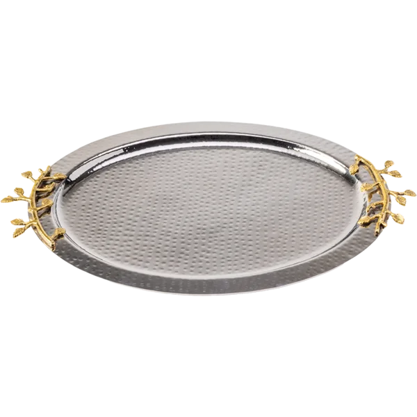 Hammered stainless steel oval silver tray with gold leaf handles