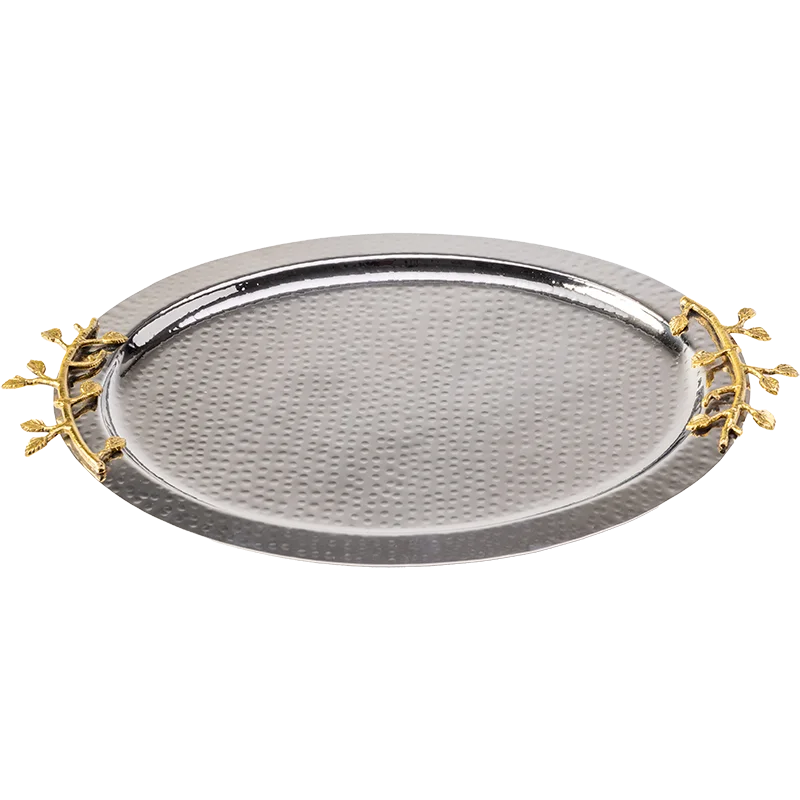 Hammered stainless steel oval silver tray with gold leaf handles