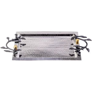 Hammered stainless steel rectangle silver tray with black leaf handles