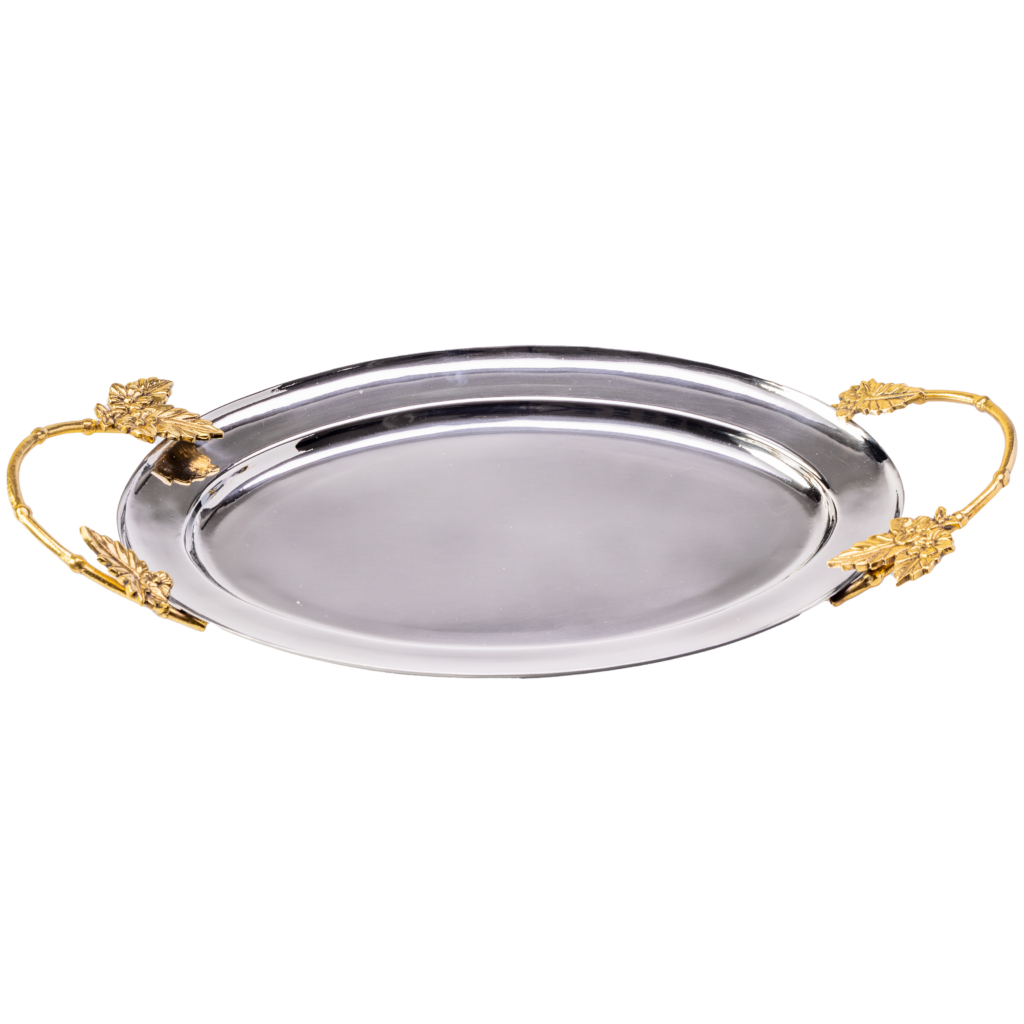 Silver oval tray with flower and leaf gold handles