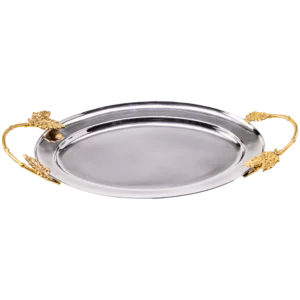 Silver oval tray with flower and leaf gold handles