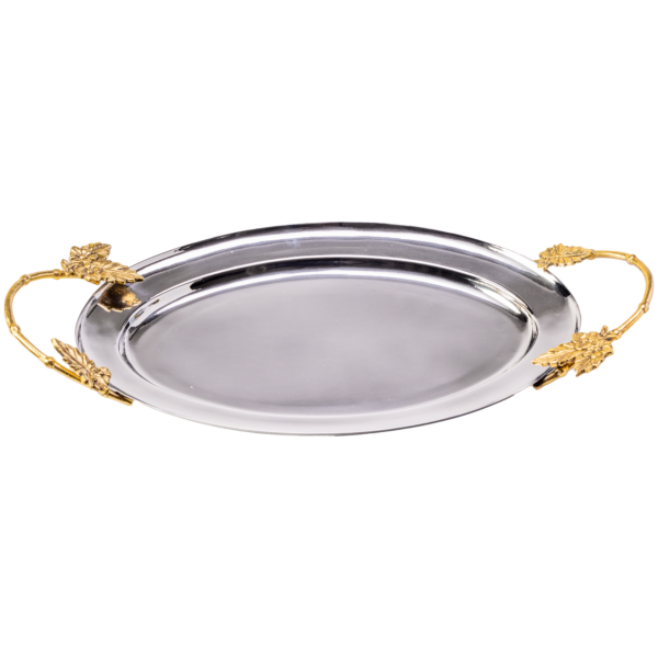 Silver oval tray with flower and leaf gold handles