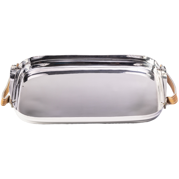 Silver rectangle tray with leather handles