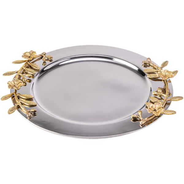 Stainless steel and aluminium silver and gold round tray with flower handles