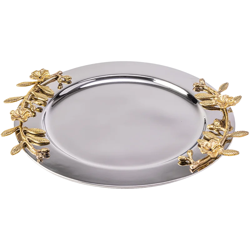 Stainless steel and aluminium silver and gold round tray with flower handles