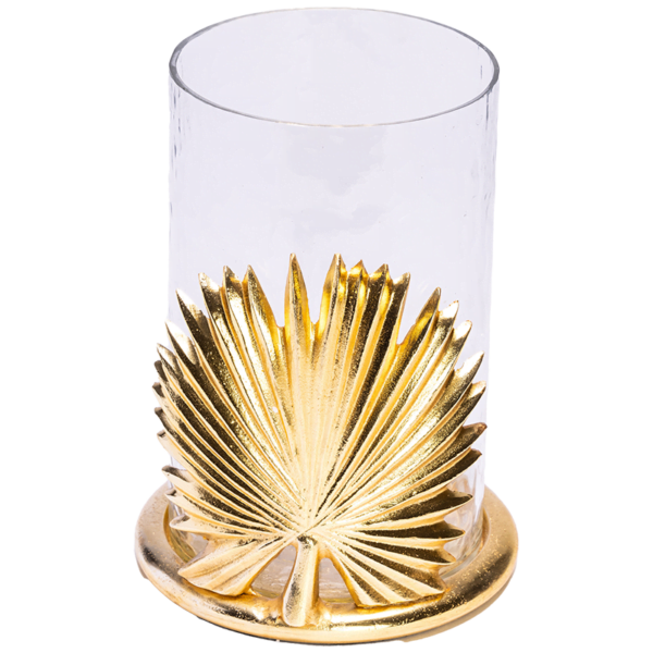 Palm Candle Holder in Gold with Glass.