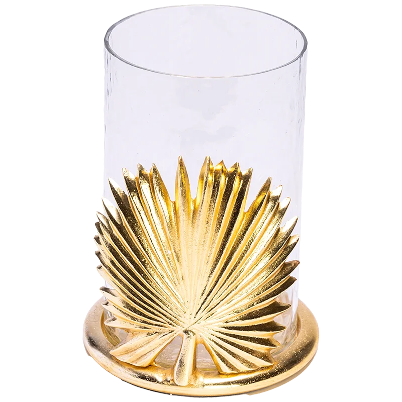 Palm Candle Holder in Gold with Glass.