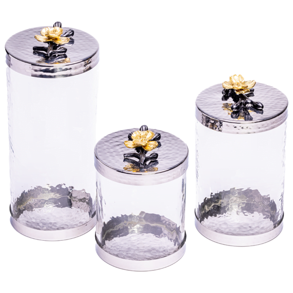 3 canisters with gold and black flower handle