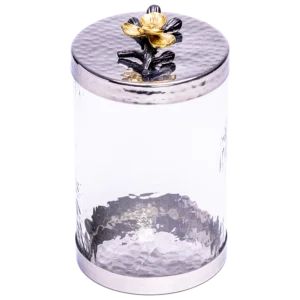 Medium Canister with a Black and Gold Flower Lid.