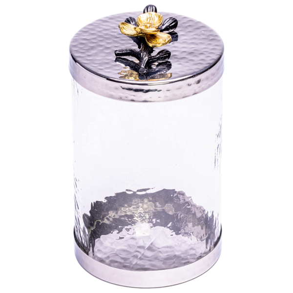 Medium Canister with a Black and Gold Flower Lid.