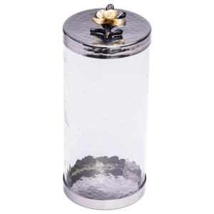 Large Canister with a Black and Gold Flower Lid.