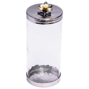 Large Canister with a Black and Gold Flower Lid.