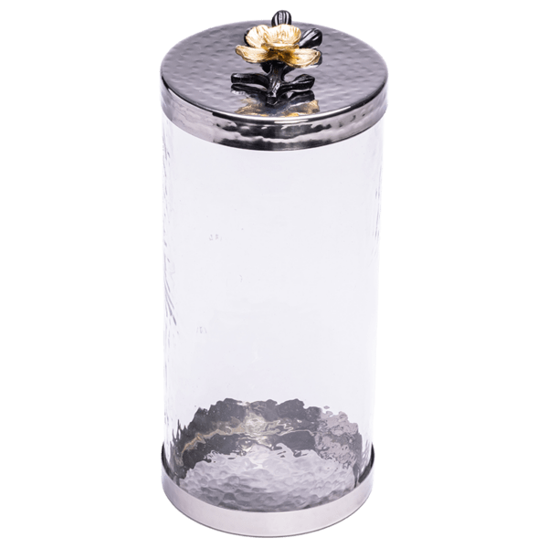 Large Canister with a Black and Gold Flower Lid.