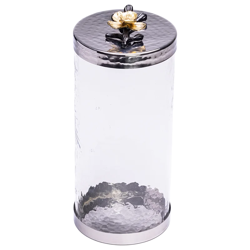Large Canister with a Black and Gold Flower Lid.