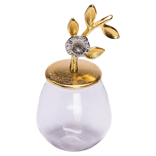 glass jar with gold flower lid