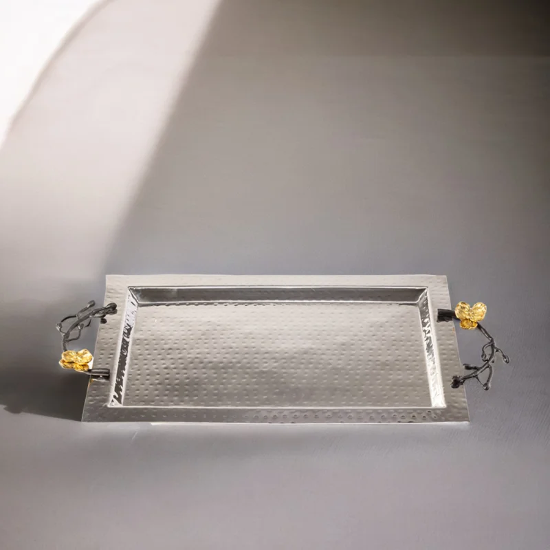 Rectangle hammered stainless steel serving tray with black handles and gold flowers