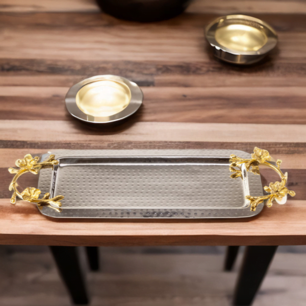 A Long Floral Tray on top of a wooden table.