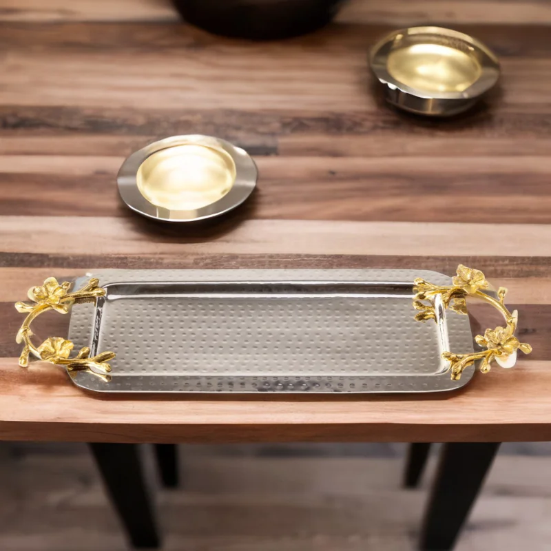 A Long Floral Tray on top of a wooden table.