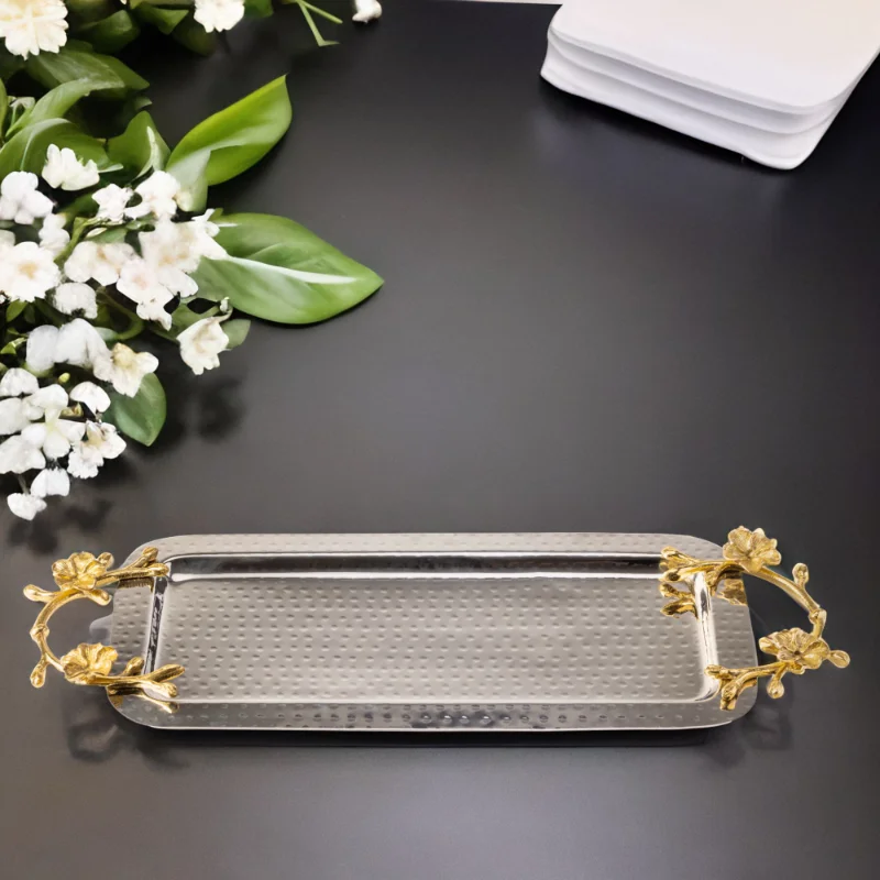 A Long Floral Tray with flowers on it.