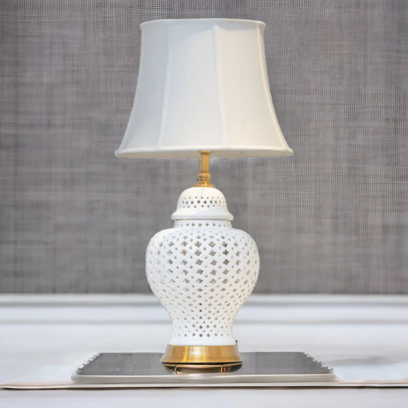 White Ginger Jar Lamp with white shade.