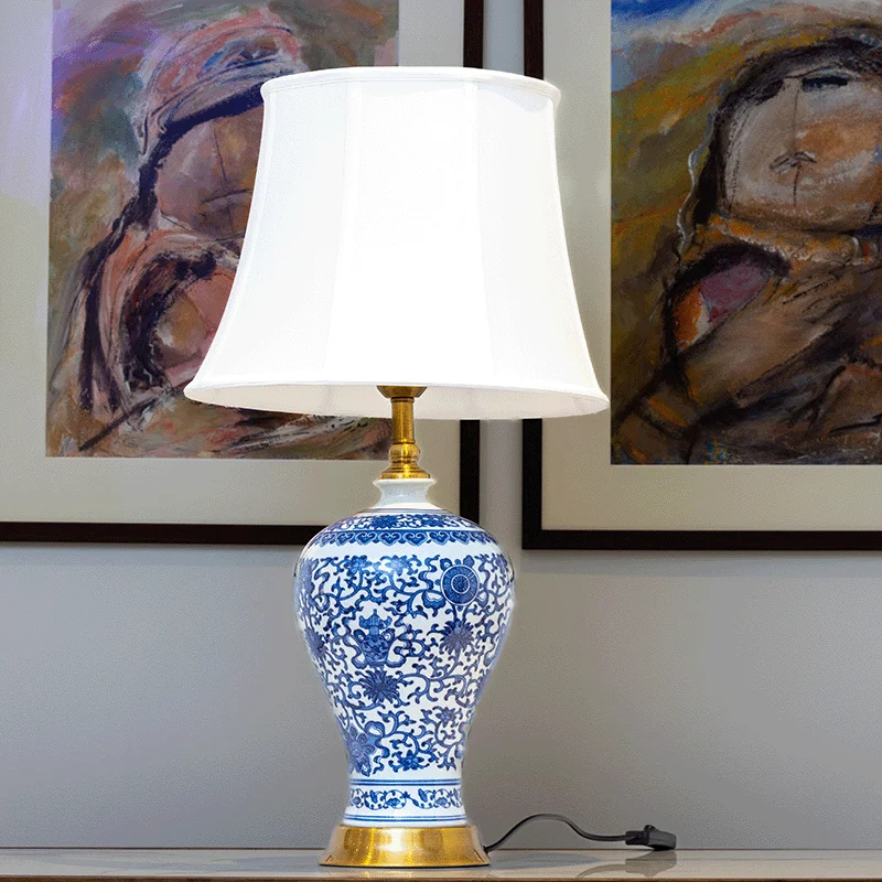 Blue Flower Lamp with white shade